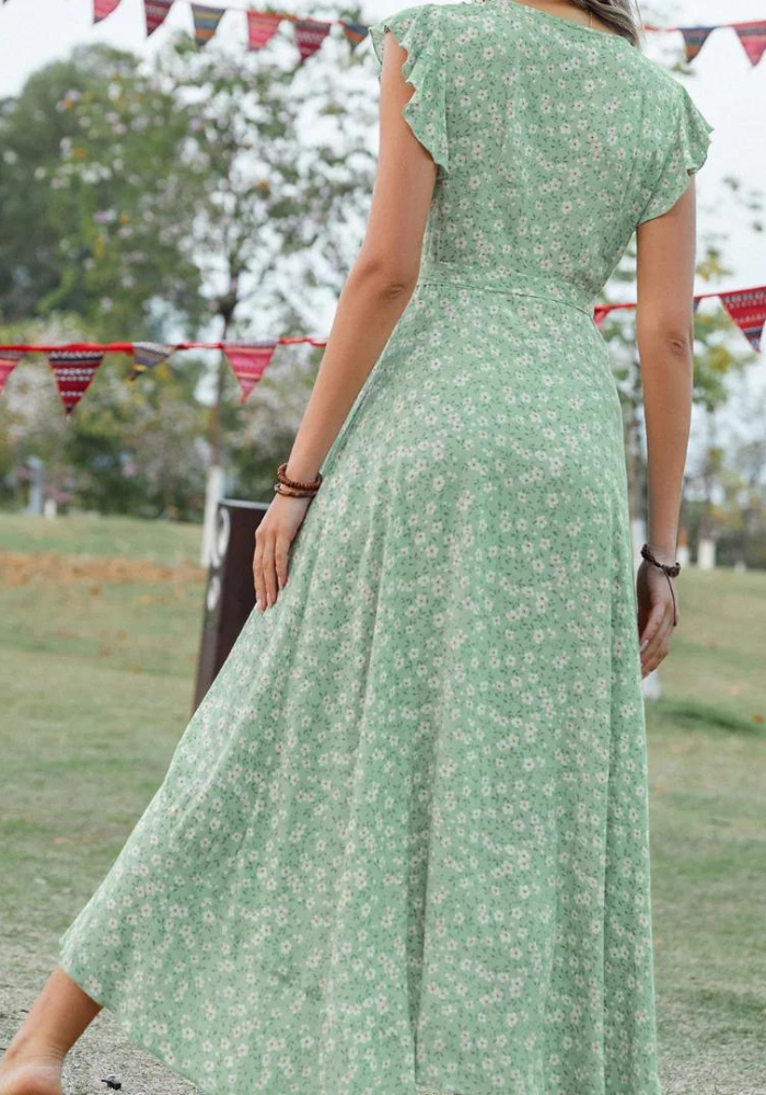 Robe fleurie vert d’eau de dos
