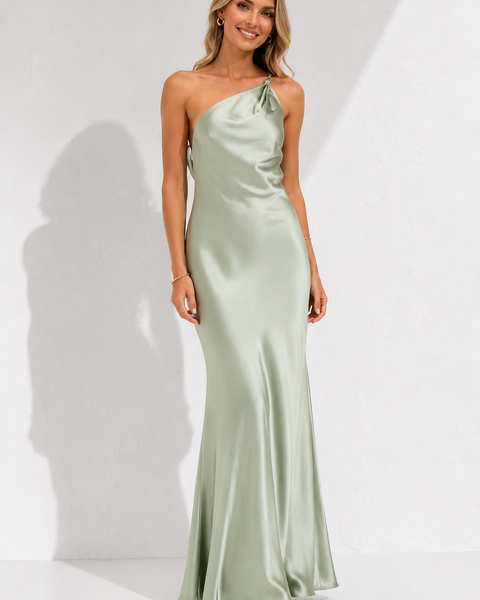 Robe longue satin vert d'eau