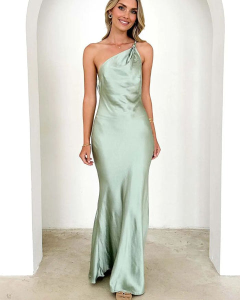 Robe longue satin vert d'eau