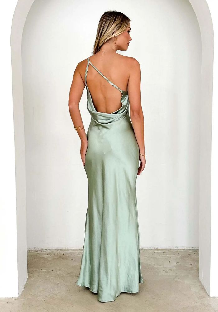 Robe longue satin vert d'eau