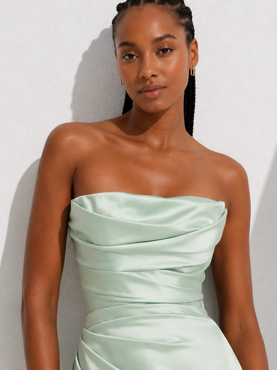 Robe demoiselle d’honneur vert d’eau satinée